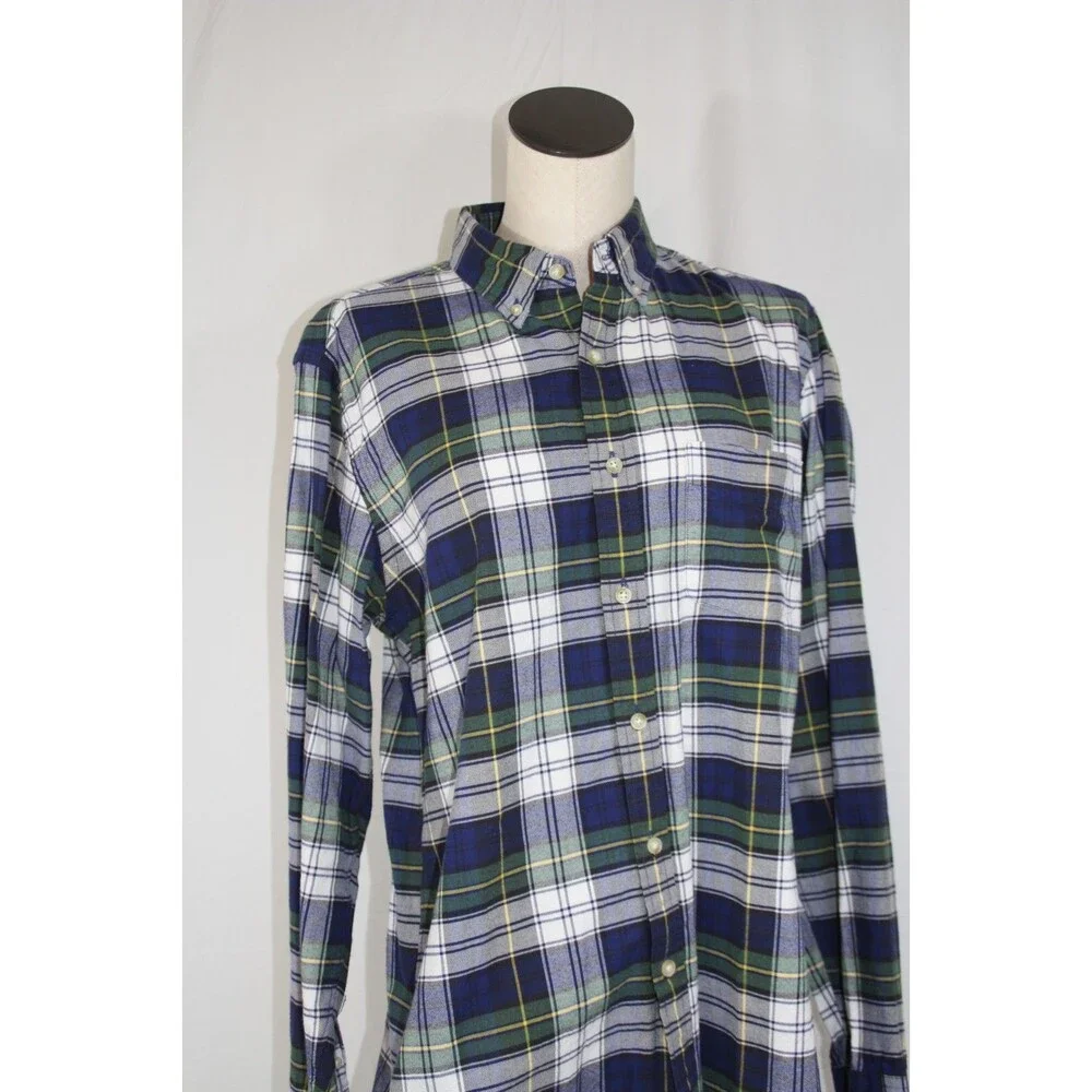 J.CREW MEN'S OXFORD SPORT SHIRT BLUE GREEN WHITE YELLOW CHECK PLAID COTTON SZ M
